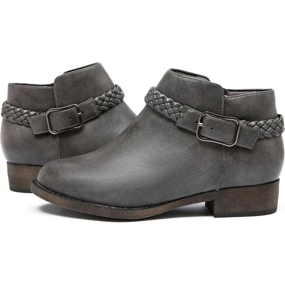 Veittes Women's Grey Comfort Slip On Low Chunky Heel Boot with Buckle Strap - Picture 2 of 6